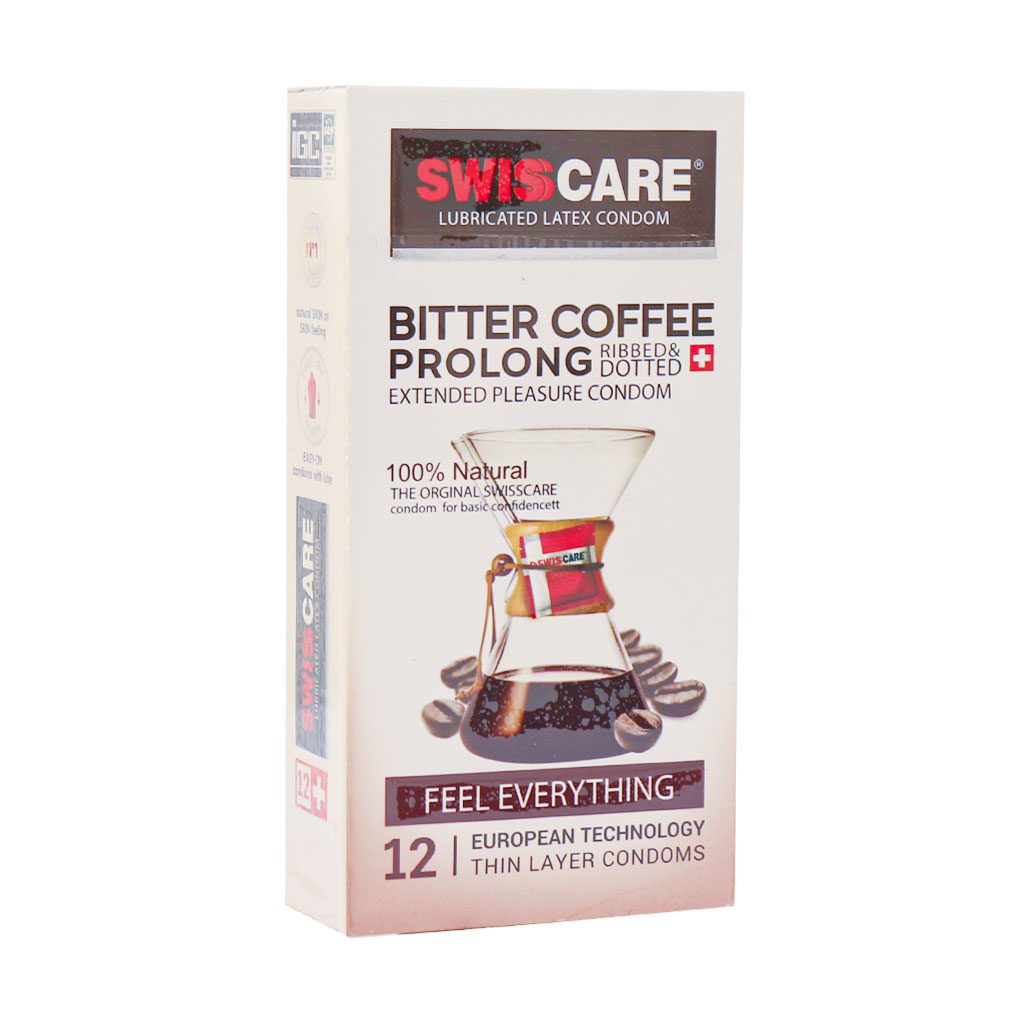 Swiss-Care-Bitter-Coffee-Prolong-Condoms-12-Pcs کاندوم تاخیری و خاردار قهوه تلخ سوئیس کر مدل Bitter Coffee Prolong - تصویر 1