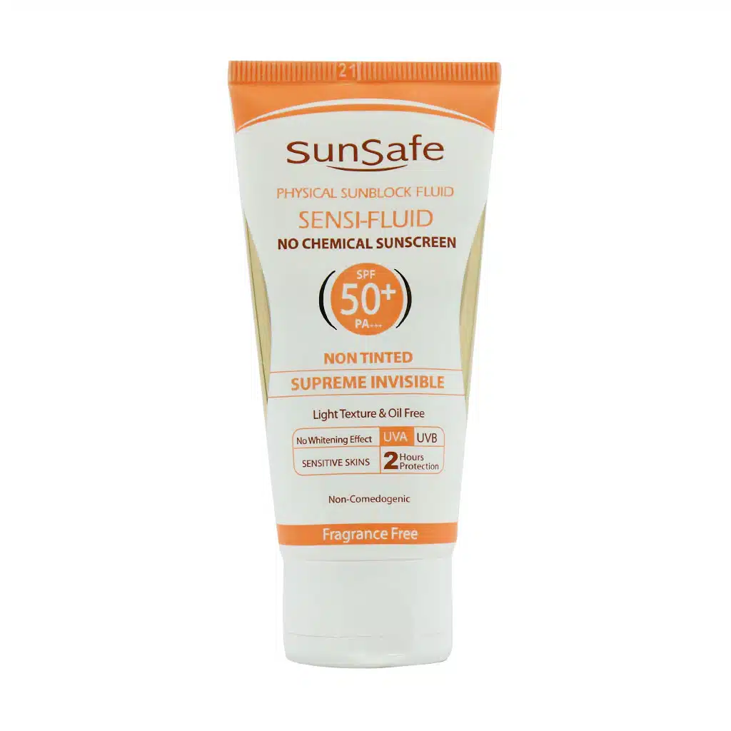 Sunsafe-Sensi-SPF50-Fluid-No-Chemical-Sunscreen-50-ml-1.jpg فلوئید ضد آفتاب فیزیکال SPF50 سان سیف بی رنگ مناسب پوست حساس(50 گرم) - تصویر 1