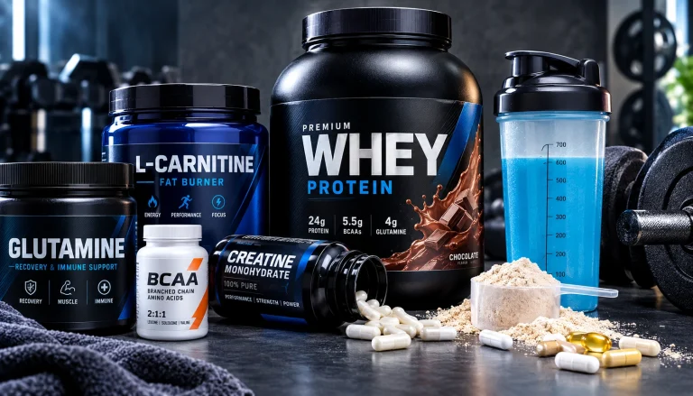 مکمل‌های ورزشی شامل پروتئین وی، کراتین، BCAA و ال کارنیتین