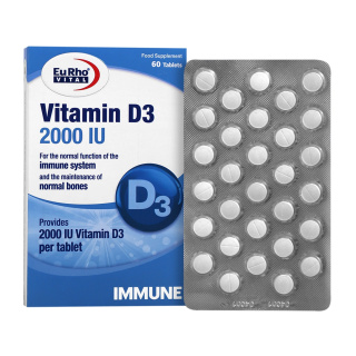 Eurho Vital 2000 IU D3 Vitamin Per Tablet 60 Pcs قرص ویتامین د3 2000 واحد یوروویتال بسته 60 عددی