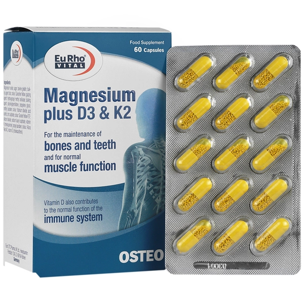 Magnesium Plus D3 and K2 Eurhovital Capsules جعبه کپسول منیزیم پلاس D3 و K2 یوروویتال ۶۰ عدد اورجینال